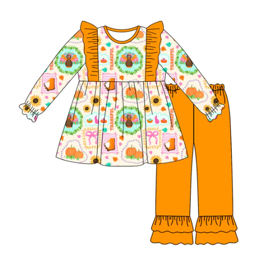 7.21 Preorder (moq 5)Baby Girls Long Sleeves Turkey Bows Pumpkins Tunic Ruffle Pants Set