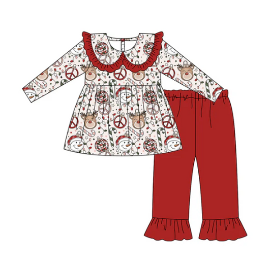7.21 Preorder (moq 5)Baby Girls Long Sleeves Santa Deer Candy Cane Tunic Ruffle Pants Set
