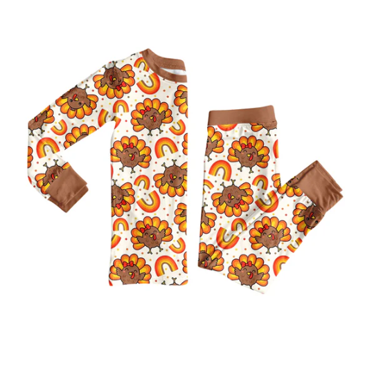 7.21 Preorder (moq 5)Baby Girls Long Sleeves Turkey Rainbows Plaid Top Pants Pajamas Set