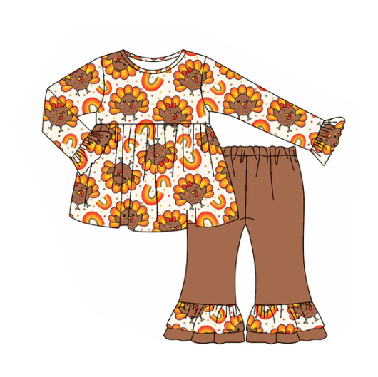 7.21 Preorder (moq 5)Baby Girls Long Sleeves Turkey Rainbows Plaid Tunic Ruffle Pants Set