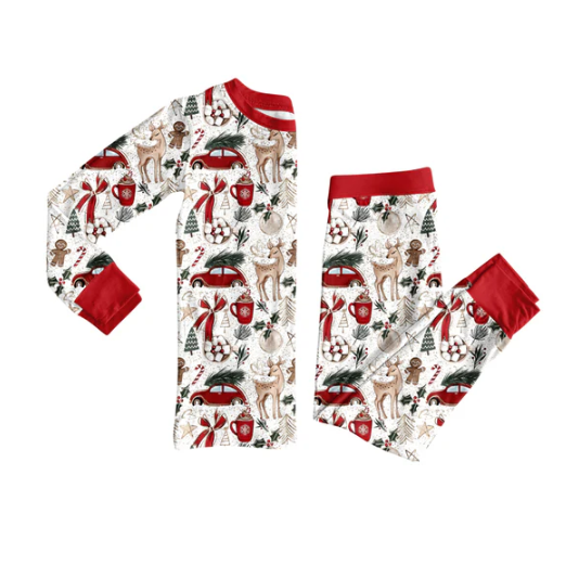 7.21 Preorder (moq 5)Baby Girls Long Sleeves Deer Gingerbread Bows Top Pants Pajamas Set