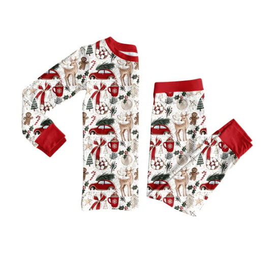 7.21 Preorder (moq 5)Baby Girls Long Sleeves Deer Gingerbread Bows Top Pants Pajamas Set