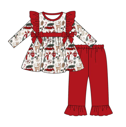 7.21 Preorder (moq 5)Baby Girls Long Sleeves Deer Gingerbread Bows Tunic Ruffle Pants Set