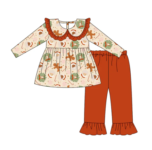 7.21 Preorder (moq 5)Baby Girls Long Sleeves Santa Candy Cane Plaid Tunic Ruffle Pants Set