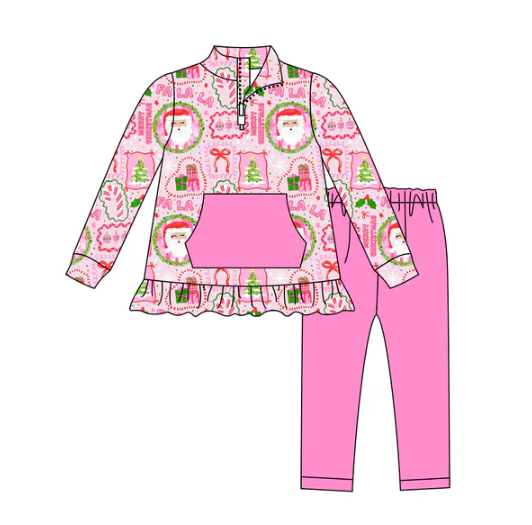 7.21 Preorder (moq 5)Baby Girls Long Sleeves Pink Bows Santa Pocket Zipper Top Legging Pants Set