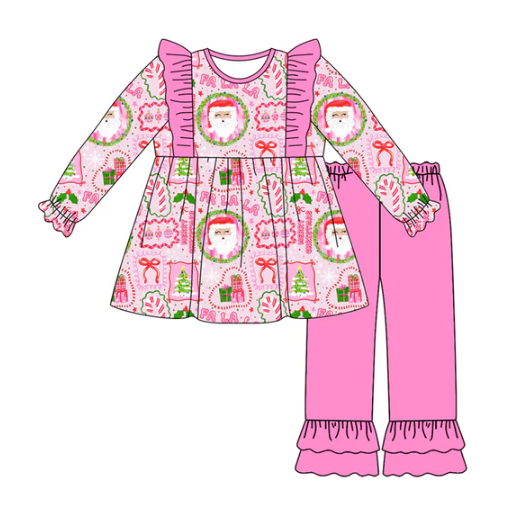 7.21 Preorder (moq 5)Baby Girls Long Sleeves Pink Bows Santa Plaid Tunic Ruffle Pants Set