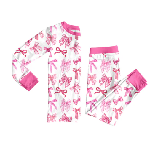 7.21 Preorder (moq 5)Baby Girls Long Sleeves Pink Bows Plaid Top Pants Pajamas Set