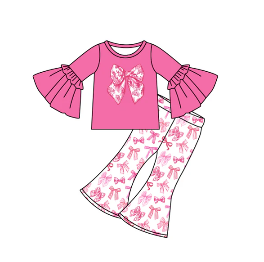 7.21 Preorder (moq 5)Baby Girls Pink Bell Long Sleeves Flower Bows Top Bell Bottom Pants Set