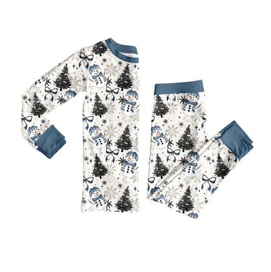 7.21 Preorder (moq 5)Baby Girls Long Sleeves Blue Bows Snowman Plaid Top Pants Pajamas Set