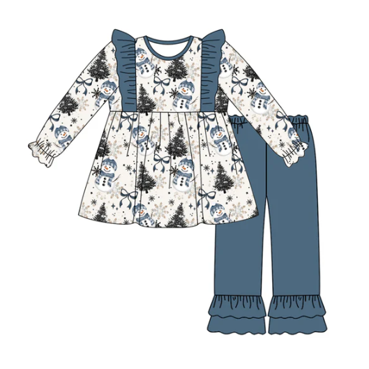 7.21 Preorder (moq 5)Baby Girls Long Sleeves Blue Bows Snowman Plaid Tunic Ruffle Pants Set