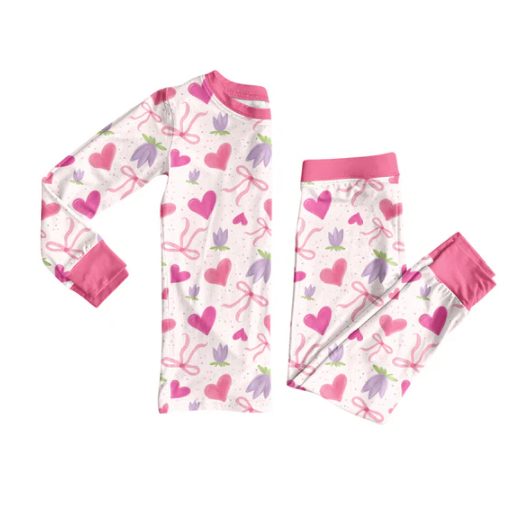 7.21 Preorder (moq 5)Baby Girls Long Sleeves Pink Hearts Bows Flowers Top Pants Pajamas Set