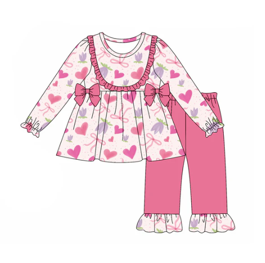 7.21 Preorder (moq 5)Baby Girls Long Sleeves Pink Hearts Bows Flowers Tunic Ruffle Pants Set