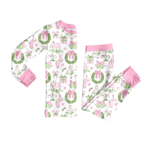7.21 Preorder (moq 5)Baby Girls Long Sleeves Holly Bows Snowman Plaid Top Pants Pajamas Set