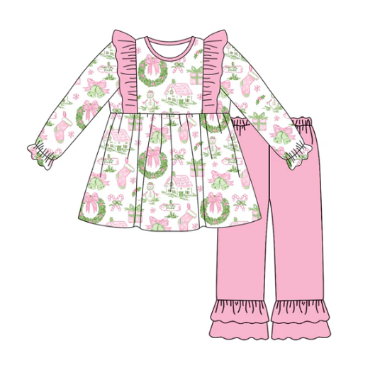 7.21 Preorder (moq 5)Baby Girls Long Sleeves Holly Bows Snowman Plaid Tunic Ruffle Pants Set