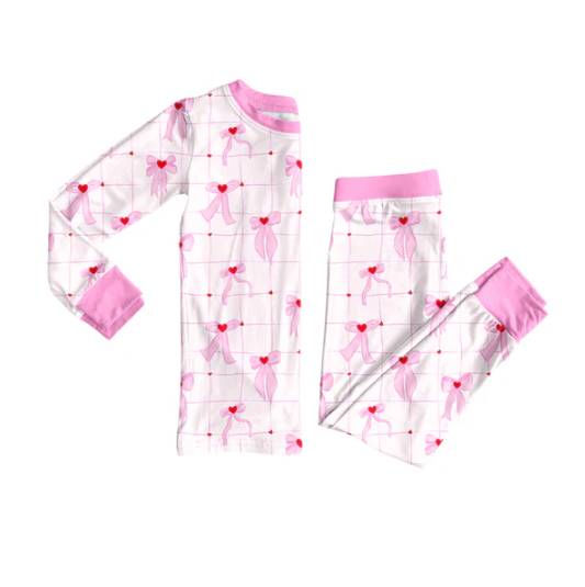 7.21 Preorder (moq 5)Baby Girls Long Sleeves Pink Bows Hearts Plaid Top Pants Pajamas Set