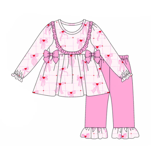 7.21 Preorder (moq 5)Baby Girls Long Sleeves Pink Bows Hearts Plaid Tunic Ruffle Pants Set