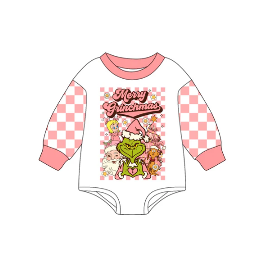 7.22 Preorder(moq 5)Baby Girls Peach Plaid Long Sleeves Merry Christmas Santa Rompers