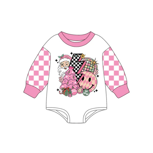 7.22 Preorder(moq 5)Baby Girls Pink Plaid Long Sleeves Santa Light Rompers