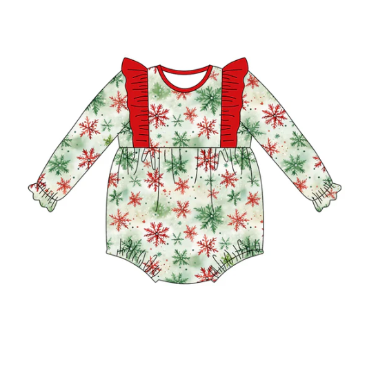 7.22 Preorder(moq 5)Baby Girls Green Red Snowflake Plaid Ruffle Rompers