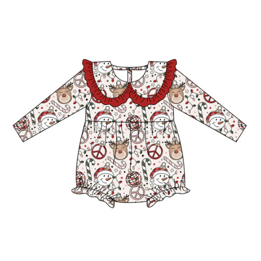 7.22 Preorder(moq 5)Baby Girls Snowman Candy Cane Plaid Ruffle Rompers