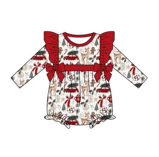 7.22 Preorder(moq 5)Baby Girls Deer Gingerbread Trees Bows Ruffle Rompers