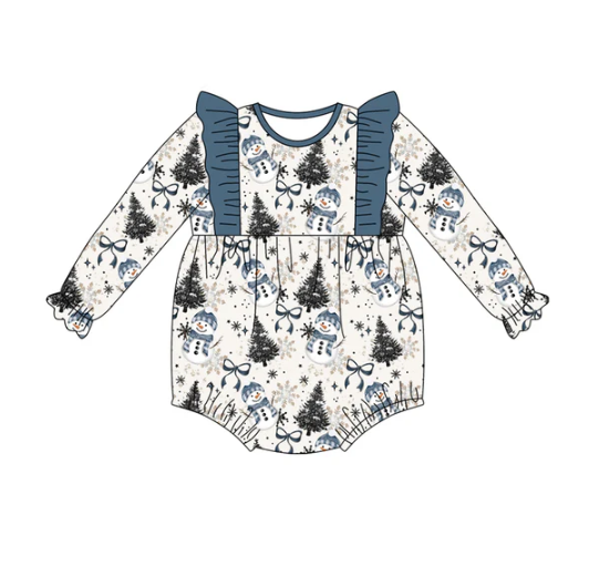 7.22 Preorder(moq 5)Baby Girls Blue Bows Trees Snowman Ruffle Rompers