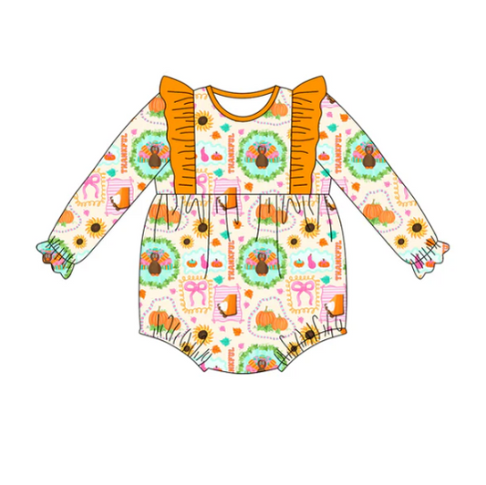 7.22 Preorder(moq 5)Baby Girls Turkey Pumpkins Plaid Ruffle Rompers