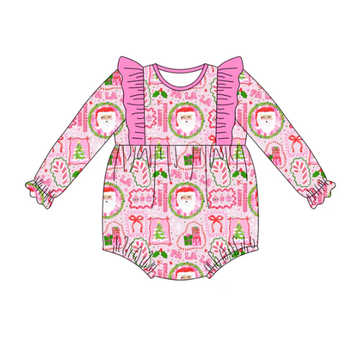 7.22 Preorder(moq 5)Baby Girls Pink Santa Candy Cane Plaid Ruffle Rompers