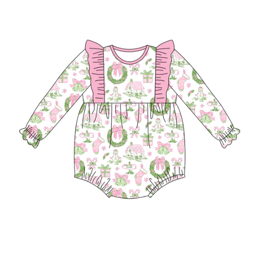 7.22 Preorder(moq 5)Baby Girls Holly Snowman Plaid Ruffle Rompers