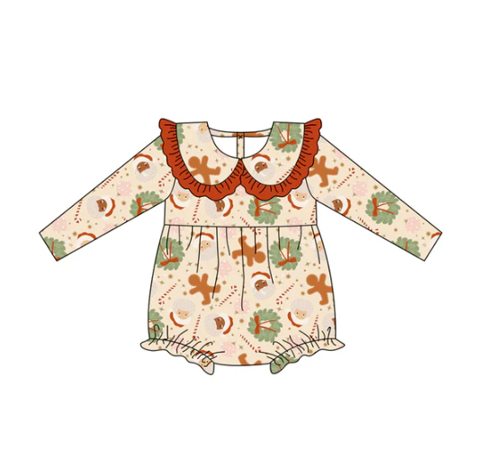 7.22 Preorder(moq 5)Baby Girls Santa Holly Gingerbread Ruffle Rompers
