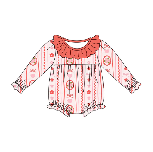7.22 Preorder(moq 5)Baby Girls Pink Flowers Bows Stripe Ruffle Rompers