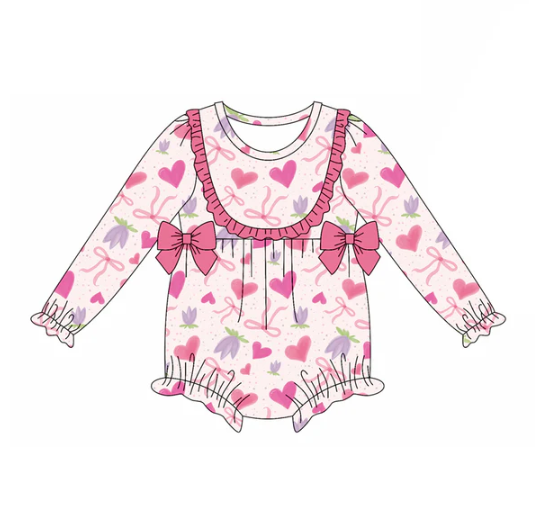 7.22 Preorder(moq 5)Baby Girls Pink Hearts Bows Flowers Ruffle Rompers