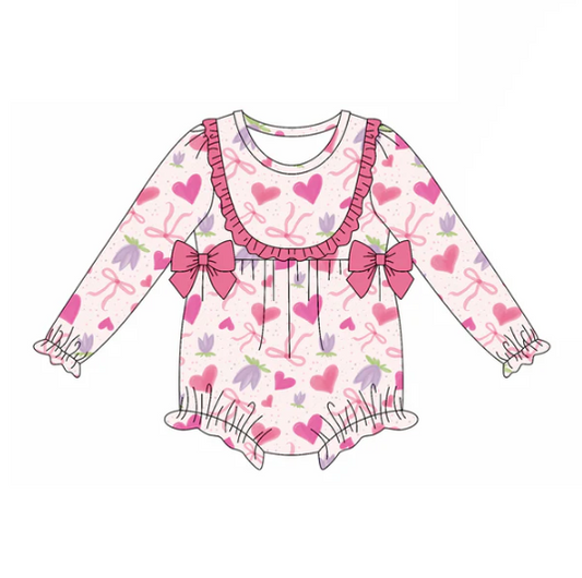 7.22 Preorder(moq 5)Baby Girls Pink Hearts Bows Flowers Ruffle Rompers