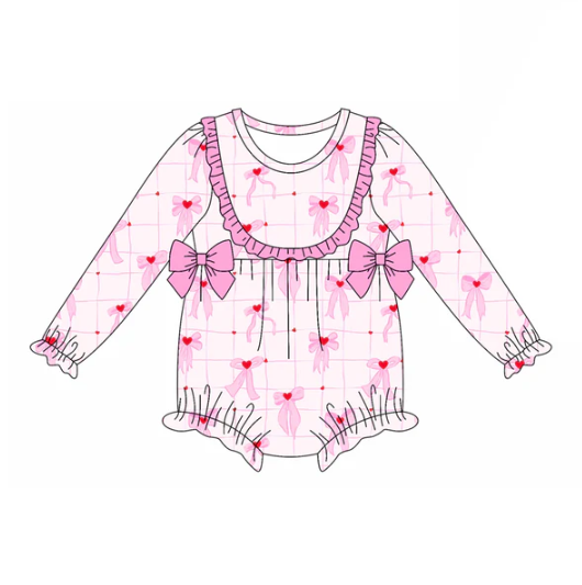 7.22 Preorder(moq 5)Baby Girls Pink Hearts Bows Plaid Ruffle Rompers