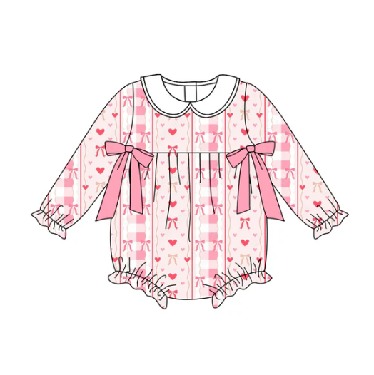 7.22 Preorder(moq 5)Baby Girls Pink Hearts Bows Stripe Ruffle Rompers