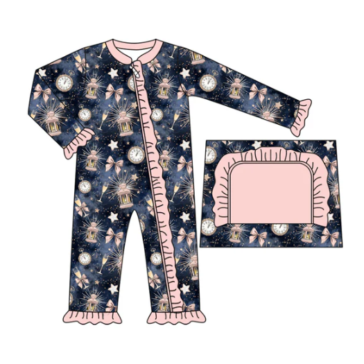 7.22Preorder(moq 5)Baby Kids Hot Blue Bows Key Stars Ruffle Zipper Pant Rompers