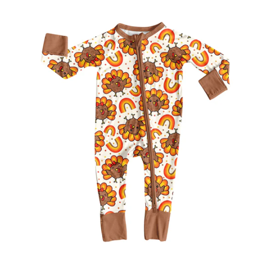 7.22Preorder(moq 5)Baby Kids Turkey Rainbows Plaid Zipper Pant Rompers