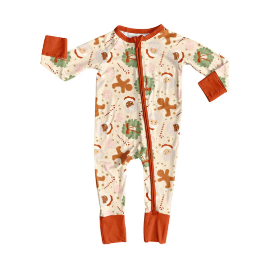 7.22 Preorder(moq 5)Baby Kids Santa Gingerbread Holly Zipper Pant Rompers