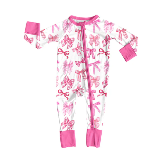 7.22 Preorder(moq 5)Baby Kids Pink Bows Plaid Zipper Pant Rompers