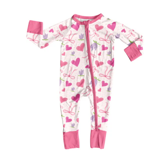 7.22 Preorder(moq 5)Baby Kids Pink Bows Hearts Flowers Zipper Pant Rompers