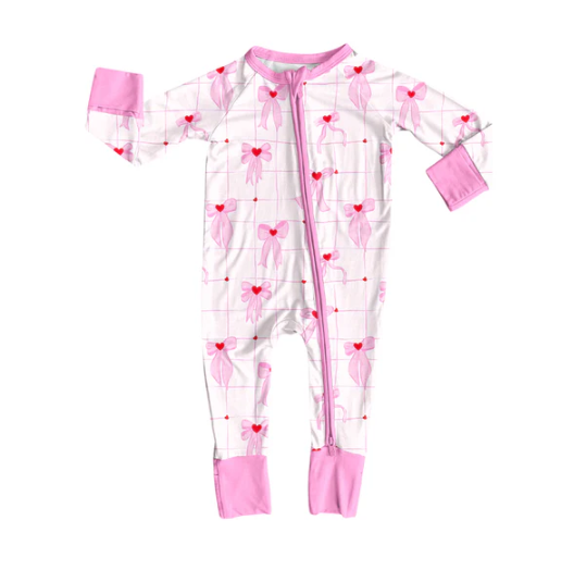 7.22 Preorder(moq 5)Baby Kids Pink Bows Hearts Plaid Zipper Pant Rompers