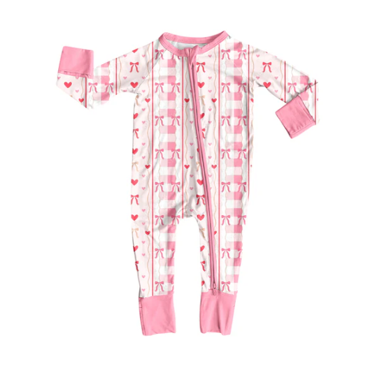 7.22Preorder(moq 5)Baby Kids Pink Bows Hearts Stripes Zipper Pant Rompers