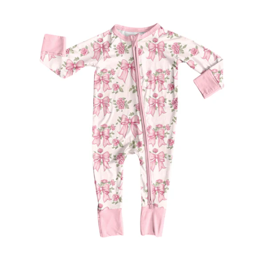 7.22 Preorder(moq 5)Baby Kids Pink Flowers Bows Plaid Zipper Pant Rompers