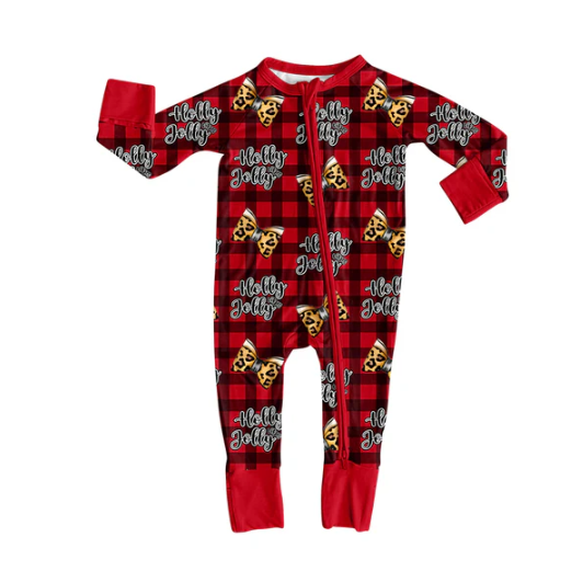 7.22 Preorder(moq 5)Baby Kids Red Plaid Leopard Bows Holly Jolly Zipper Pant Rompers