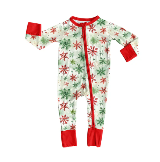 7.22 Preorder(moq 5)Baby Kids Green Red Snowflake Zipper Pant Rompers