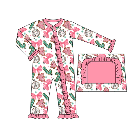7.22Preorder(moq 5)Baby Girls Long Sleeves Pink Bows Candy Cane Plaid Ruffle Zipper Rompers