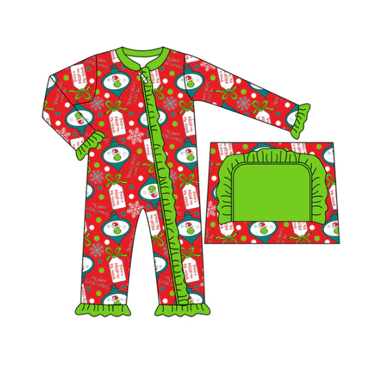 7.22 Preorder(moq 5)Baby Girls Long Sleeves Green Faces Bows Plaid Ruffle Zipper Rompers