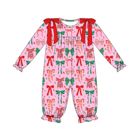 7.22 Preorder(moq 5)Baby Girls Long Sleeves Green Red Bows Plaid Ruffle Pant Rompers