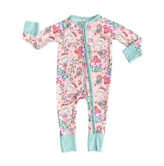 7.22 Preorder(moq 5)Baby Girls Santa Bows Candy Cane Zipper Pant Rompers