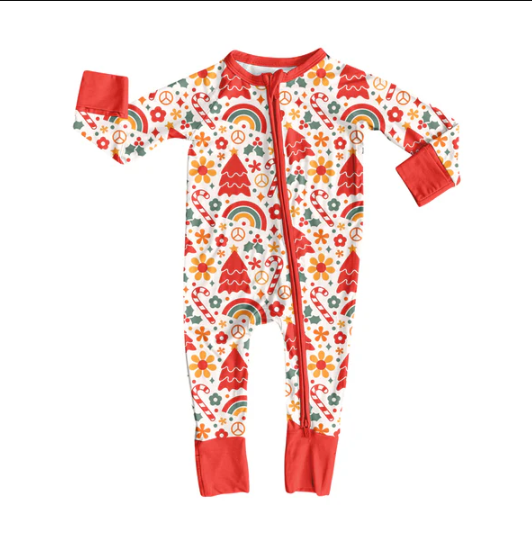 7.22 Preorder(moq 5)Baby Girls Pink Flowers Candy Cane Zipper Pant Rompers